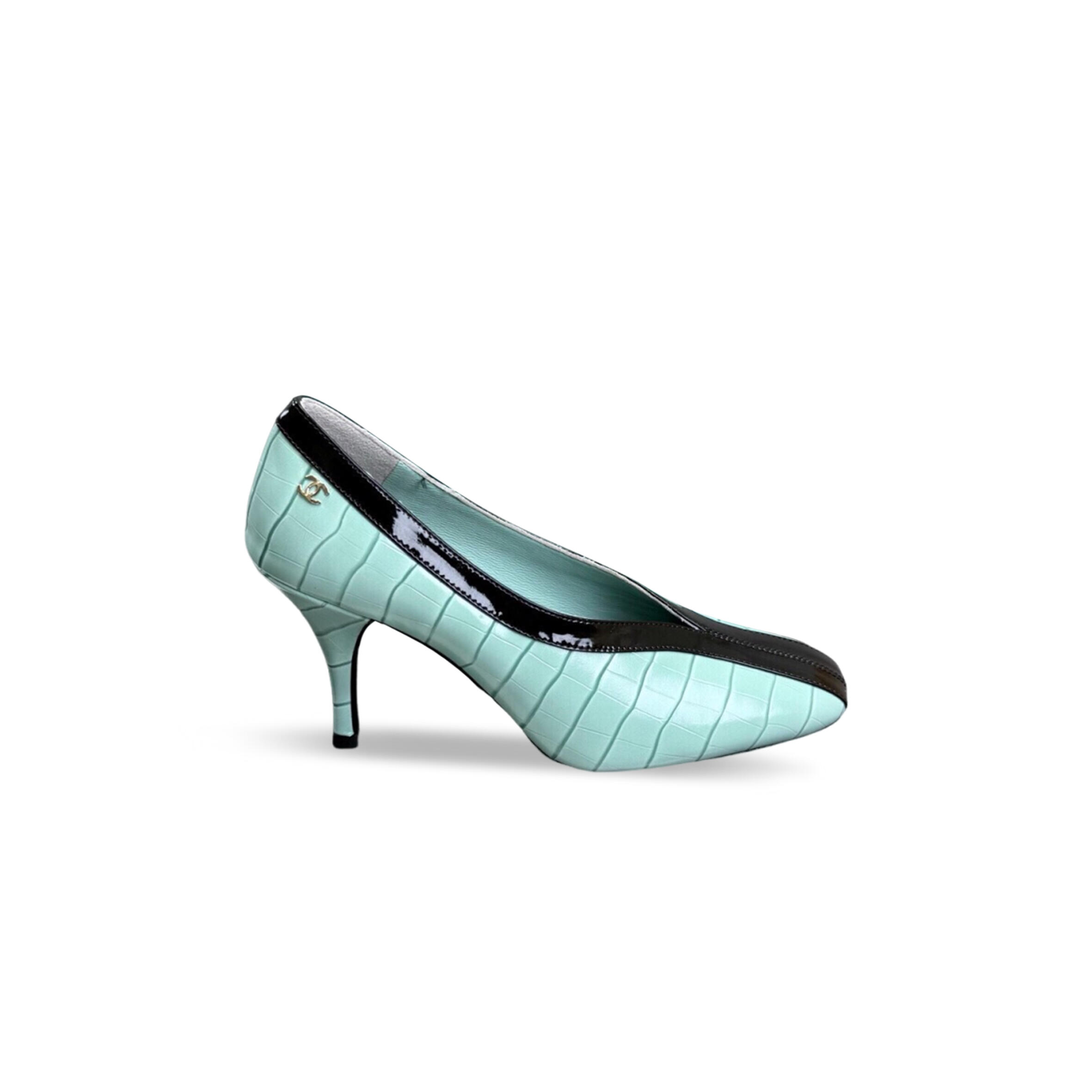 Ch**el mint green and black patent leather high heels